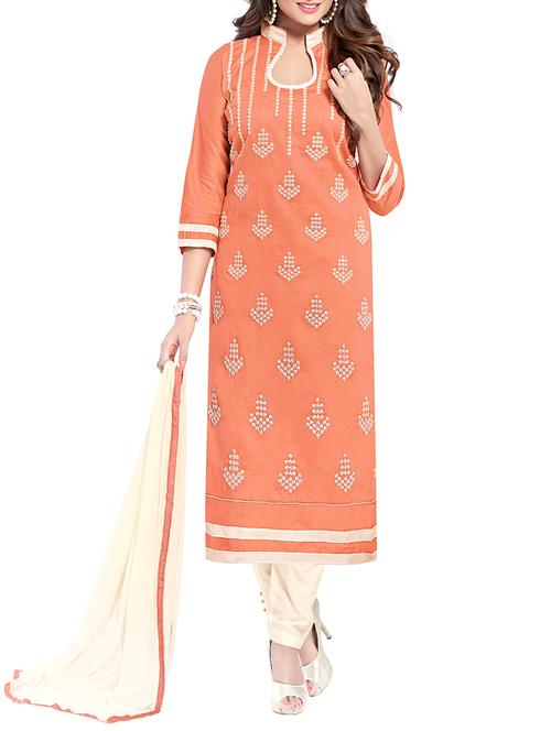 orange cotton semistitched suit - 13026378 - Very Small Image - 1