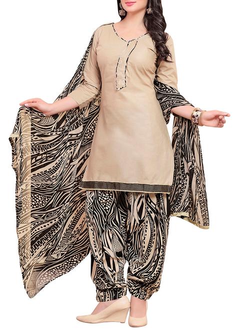 cream cotton semistitched suit - 13026401 - Very Small Image - 1