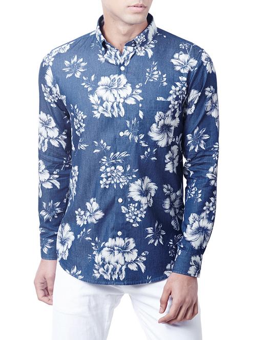 navy blue denim floral printed casual shirt - 13027146 - Very Small Image - 1
