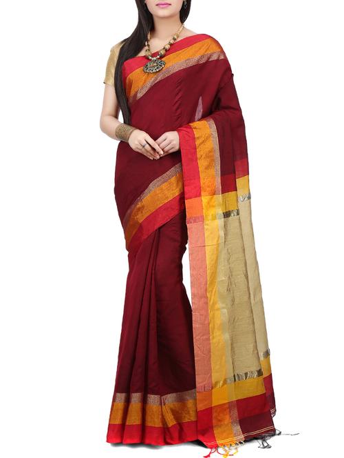 maroon bengal cotton blend bordered saree with blouse - 13027447 - Very Small Image - 1