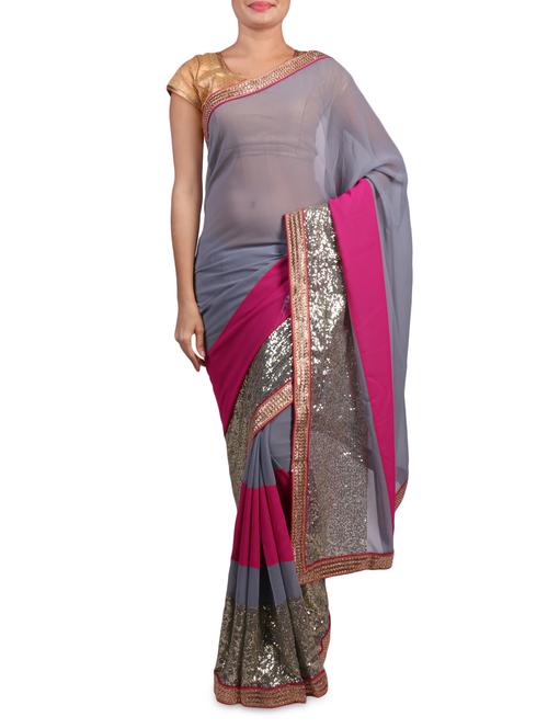 grey georgette sequined saree - 1303353 - Very Small Image - 1
