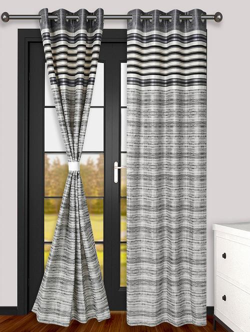 mista set of 2 grey & cream striped jacquard weaved polyester eyelet curtains - 13037009 - Very Small Image - 1