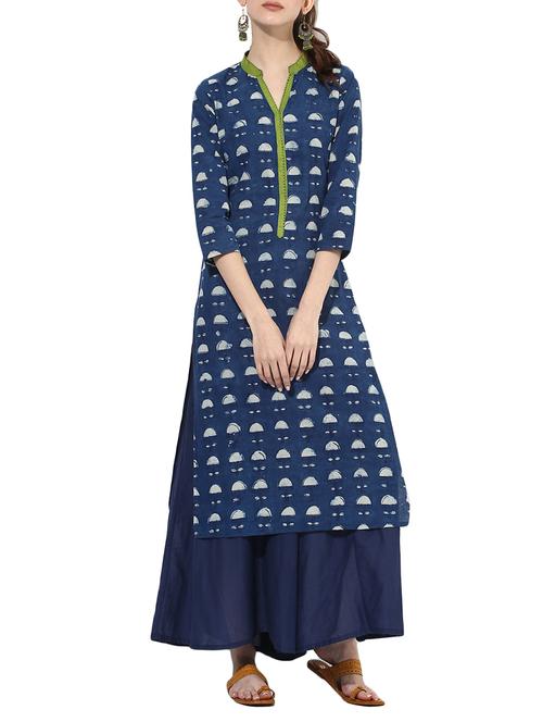 Indigo dabu printed cotton kurta - 13039150 - Very Small Image - 1
