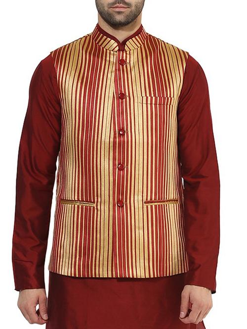 red and beige silk blend nehru jacket - 13039190 - Very Small Image - 1