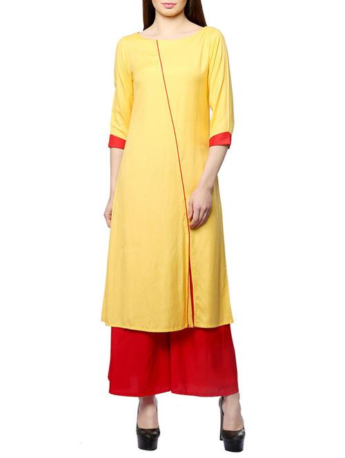 yellow rayon straight kurta - 13046300 - Very Small Image - 1