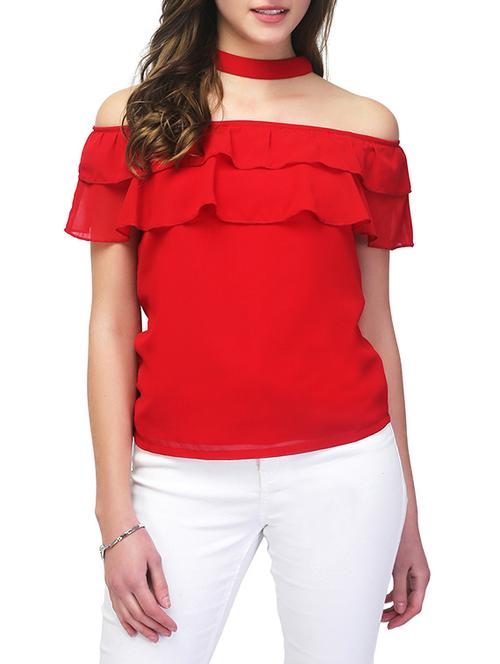choker neck off shoulder ruffle top - 13048176 - Very Small Image - 1