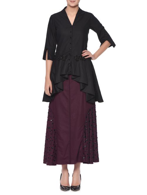 black asymmetrical embroidered tunic and maroon skirt set - 13049797 - Very Small Image - 1