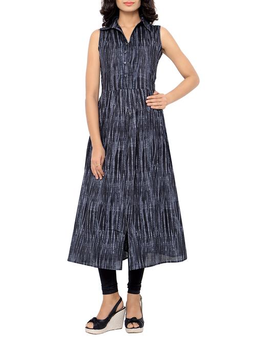 black cotton prined flared kurta - 13051868 - Very Small Image - 1