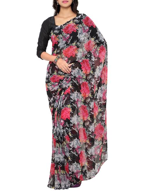 black georgette printed saree with blouse - 13053008 - Very Small Image - 1