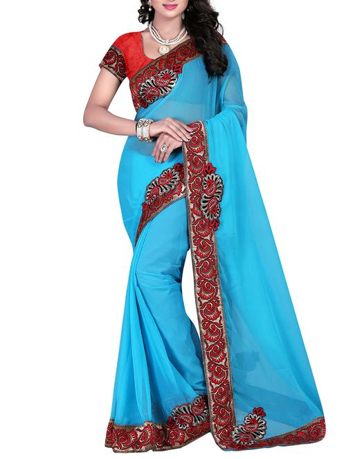 sky blue georgette bordered saree with blouse - 13054702 - Very Small Image - 1
