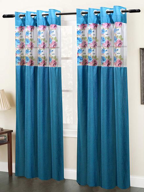 homefab india set of 2 floral aqua blue window curtain - 5 ft - 13054903 - Very Small Image - 1