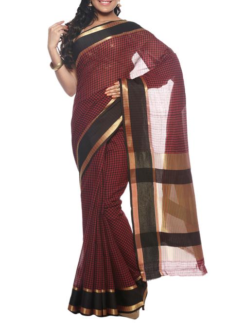 maroon cotton handloom saree with blouse - 13062775 - Very Small Image - 1