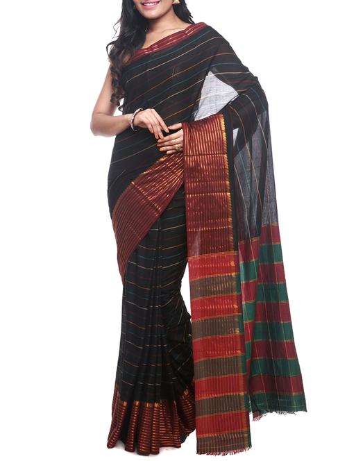 black cotton zari work handloom saree with blouse - 13062795 - Very Small Image - 1