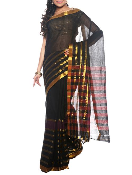 black cotton zari work handloom saree with blouse - 13062845 - Very Small Image - 1