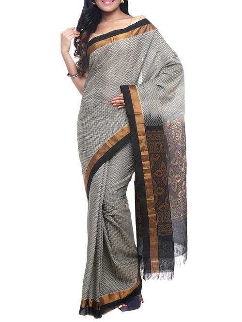grey cotton silk zari work handloom saree with blouse - 13062885 - Very Small Image - 1