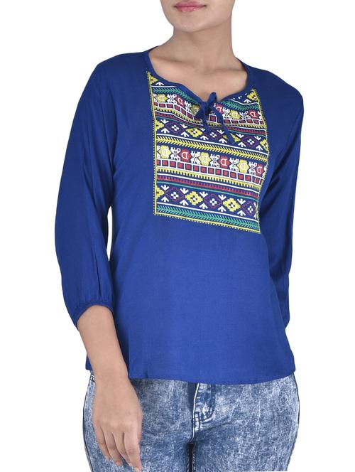 royal blue rayon printed top - 1306530 - Very Small Image - 1