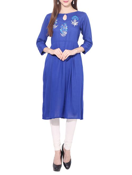 blue rayon embroidered a-line kurta - 13069744 - Very Small Image - 1