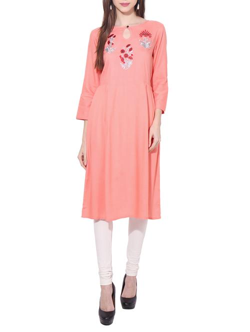 peach rayon embroidered a-line kurta - 13069745 - Very Small Image - 1
