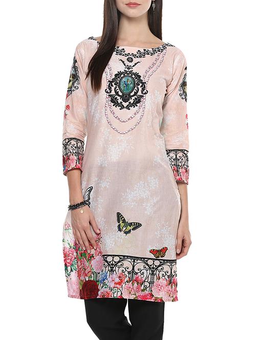 pink cotton printed straight kurti - 13070985 - Very Small Image - 1
