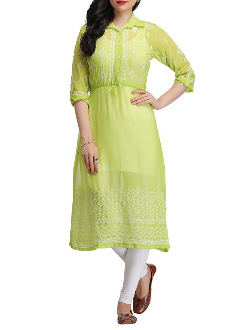 Lime chikankari embroidered georgette kurta - 13073345 - Very Small Image - 1