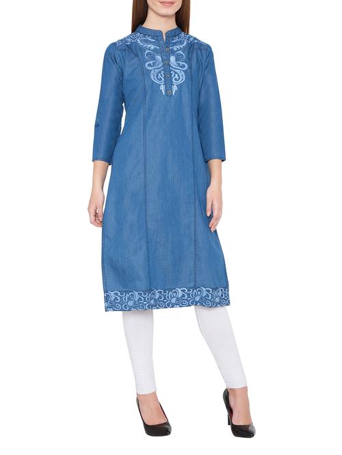 denim embroidered straight kurta - 13073824 - Very Small Image - 1