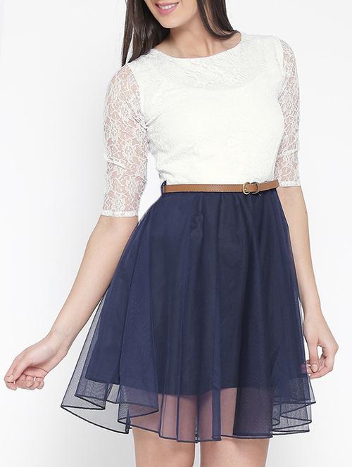 floral mesh sleeved belted dress - 13073869 - Very Small Image - 1