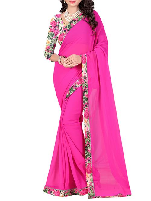 pink georgette bordered saree with blouse - 13079528 - Very Small Image - 1