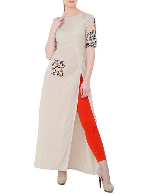 grey khadi long high slit kurta - 13079593 - Very Small Image - 1