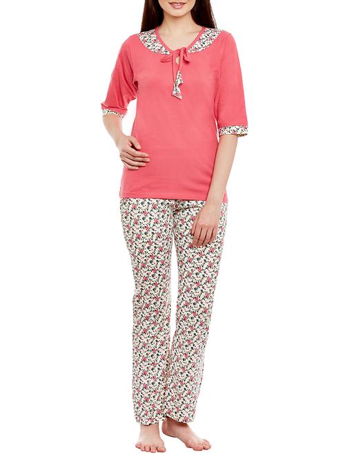 pink floral printed cotton pyjama set - 13080691 - Very Small Image - 1