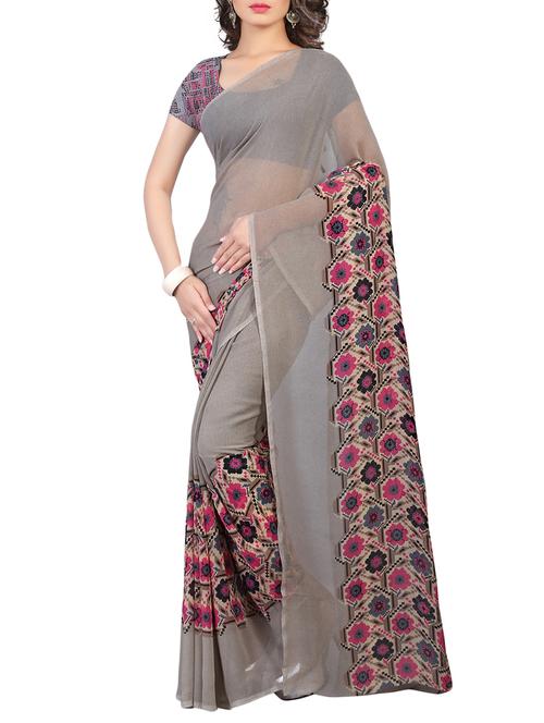 grey printed georgette saree with blouse - 13081206 - Very Small Image - 1