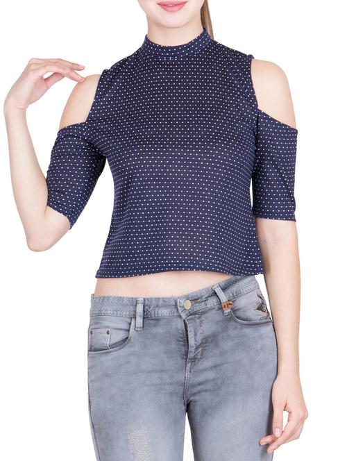 blue polka dots printed spandex crop top - 13081568 - Very Small Image - 1
