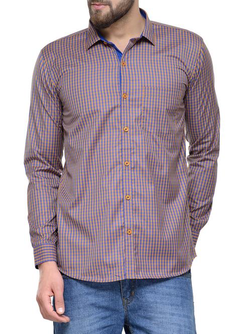 brown cotton blend checked casual shirt - 13082119 - Very Small Image - 1