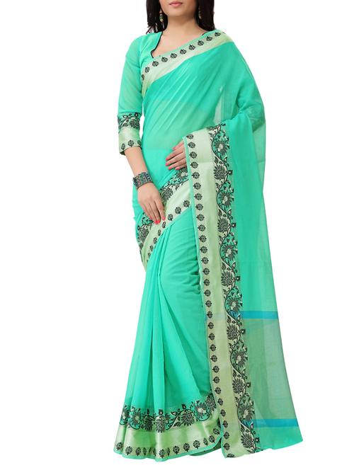 turquoise cotton chanderi saree - 13086436 - Very Small Image - 1