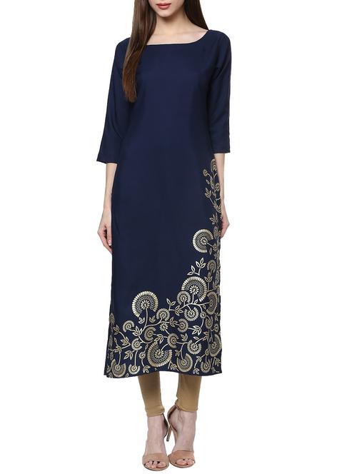 Blue Crepe Printed Long Kurta - 13089637 - Very Small Image - 1