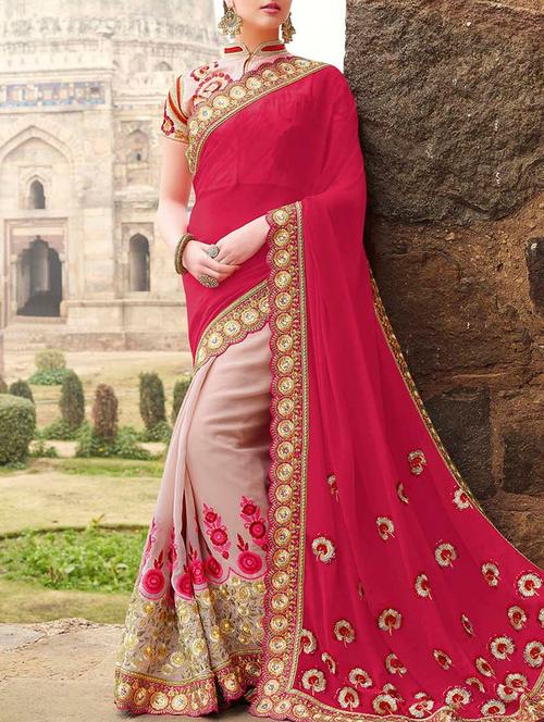 pink & beige georgette half and half saree - 13089720 - Very Small Image - 1