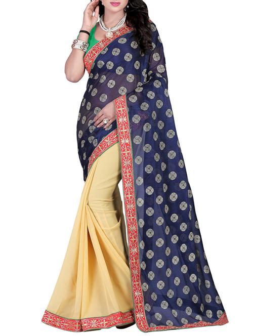 beige and blue georgette bollywood saree with blouse - 13091932 - Very Small Image - 1