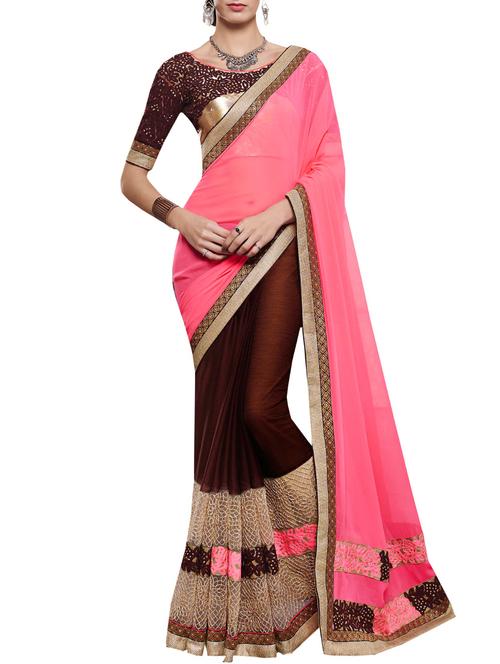 pink & brown georgette embroidered  half and half saree - 13098196 - Very Small Image - 1