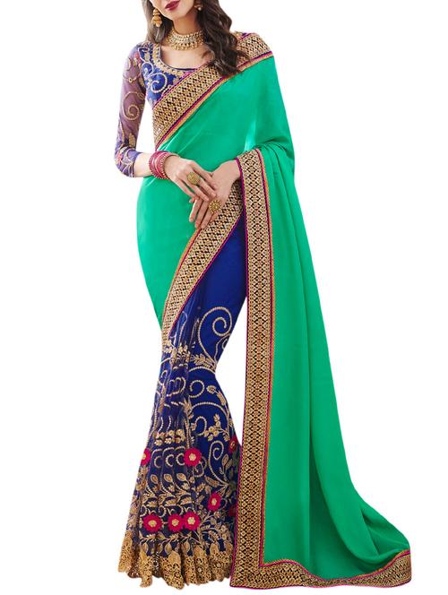 green & blue georgette embroidered half and half saree with blouse - 13098322 - Very Small Image - 1