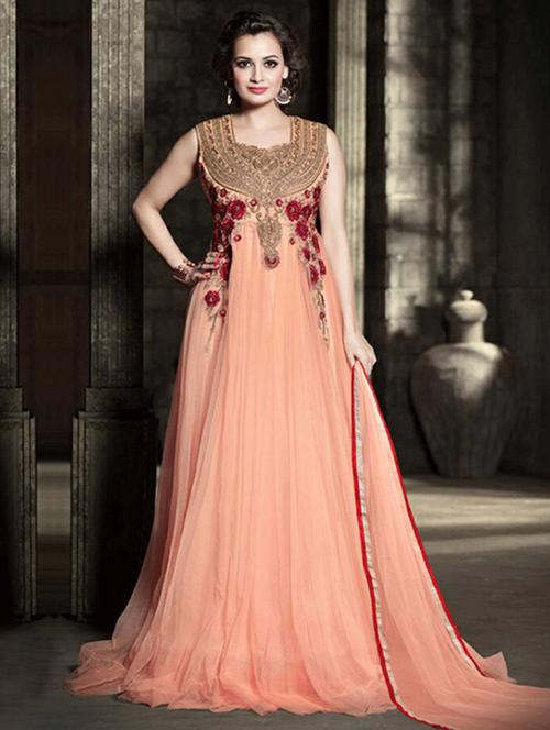 peach net embroidered flared semi-stitched suit - 13103310 - Very Small Image - 1