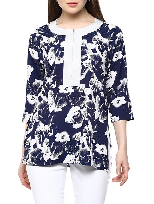 blue floral printed crepe regular top - 13103794 - Very Small Image - 1