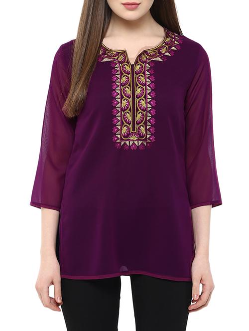 purple georgette straight kurti - 13103858 - Very Small Image - 1
