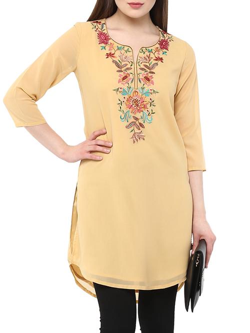 beige georgette high-low kurta - 13103864 - Very Small Image - 1