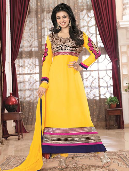 yellow embroidered  flared dress material - 13110181 - Very Small Image - 1