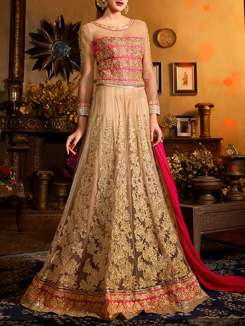 beige embroidered anarkali dress material - 13110470 - Very Small Image - 1