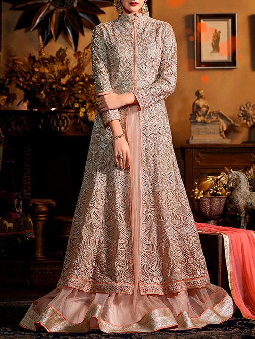 grey embroidered anarkali dress material - 13110474 - Very Small Image - 1