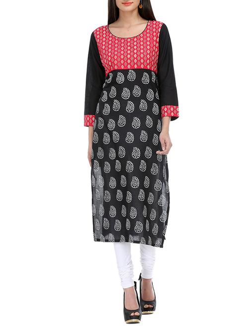 black cotton printed straight kurta - 13112068 - Very Small Image - 1