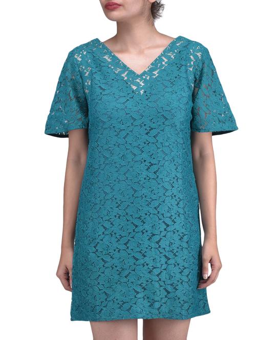 Teal Blue Floral Net Dress With Lace Work - 1311232 - Very Small Image - 1