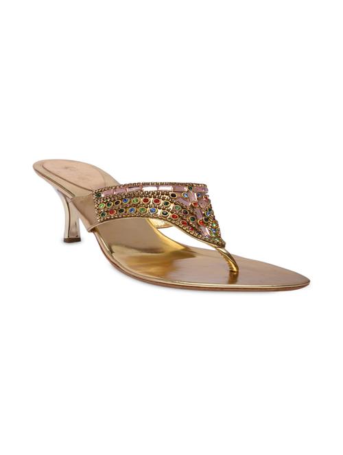 Gold Faux Leather Beaded Flip Flops - 1312188 - Very Small Image - 1