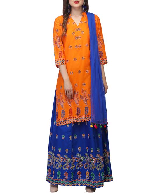 orange cotton printed unstitched lehenga - 13123146 - Very Small Image - 1