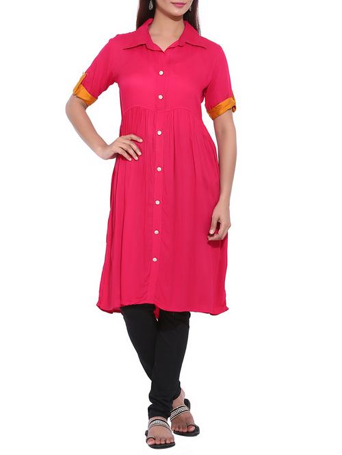 Pink Rayon Plain Shirt Collar Kurta - 13123956 - Very Small Image - 1